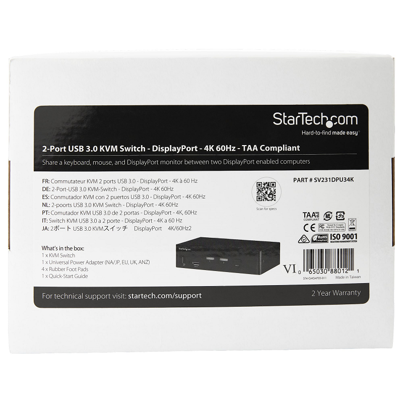 StarTech SV231DPU34K 2 Port DisplayPort KVM Switch - 4K 60Hz - Single Display